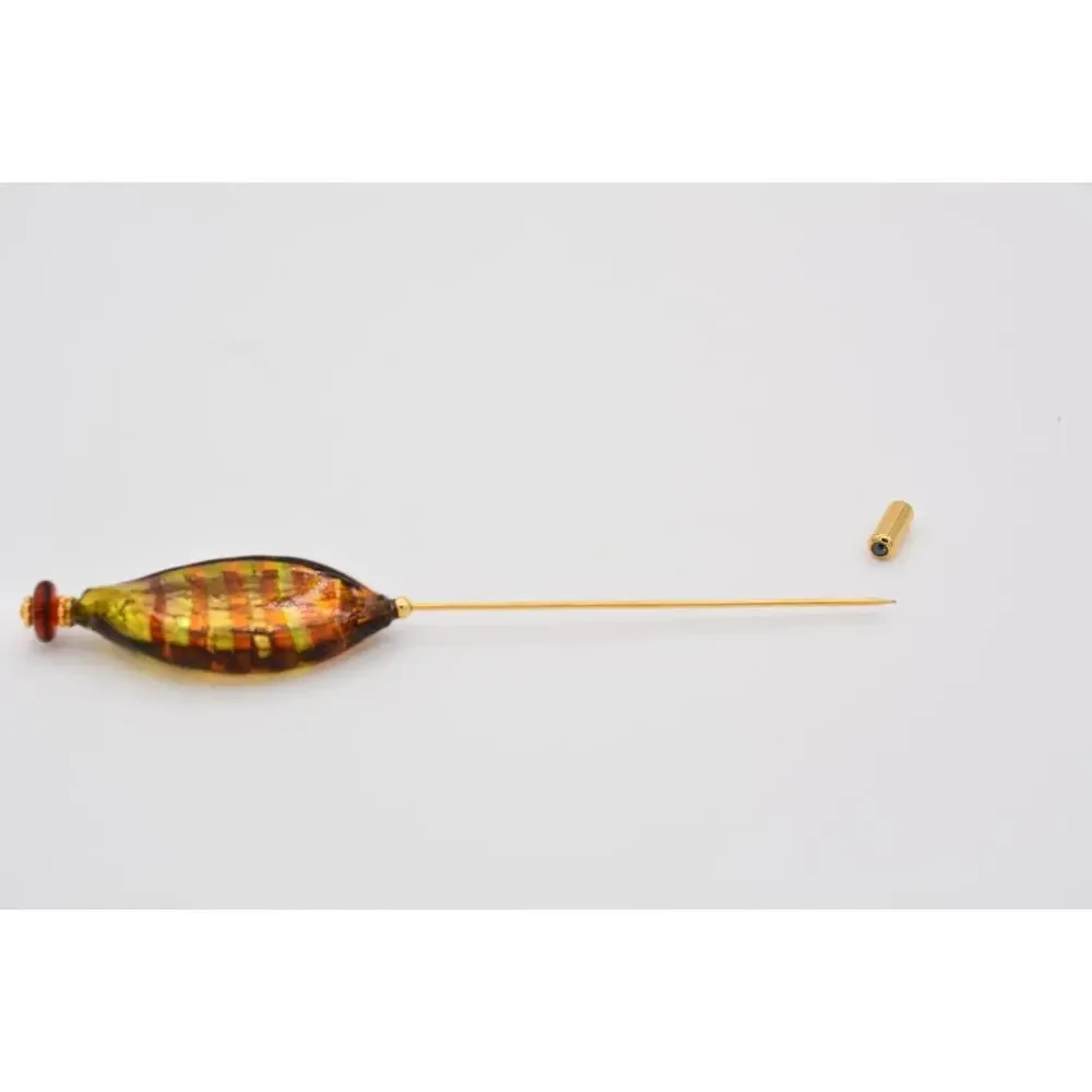 Vintage Murano Glass Stick Pin Gold Tone Artisan Blown Yellow Brown Amber BinAT